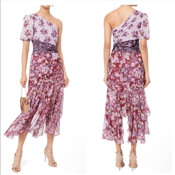 AMUR Laura Floral Silk One Shoulder Dress Size 2 Lavender Purple Asymmetric Hem - Picture 2 of 16